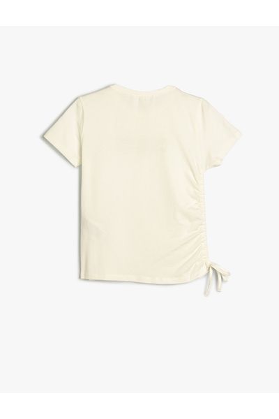 Koton Cotton Short Sleeve T-Shirt - Round Neck and Drawstring Detail, Slogan Printed