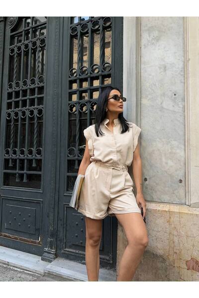 popibutik Cep Detaylı Sıfır Kol Dik Yaka Keten Kumaş Krem Şort Tulum