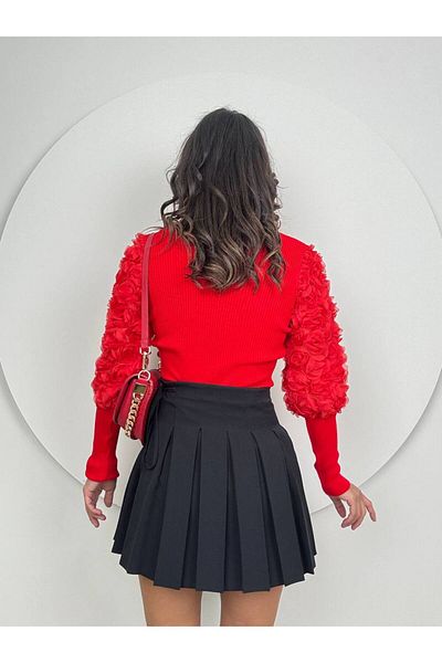 GİZONLY Women's V-Neck Turtleneck Lace Look Long Sleeve Frilly Cuffed Flexible Knitwear Sweater