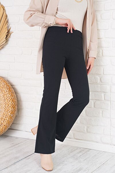 Genel Markalar Beli Lastikli Ispanyol Paça Pantolon Siyah