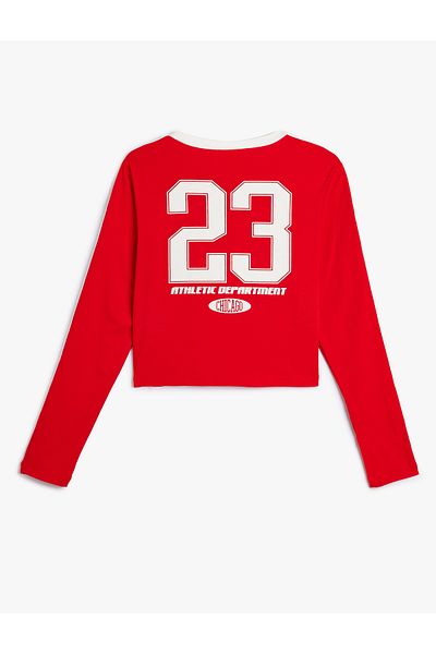 Koton Crop Back Print Long Sleeve Crew Neck Slim Fit T-Shirt