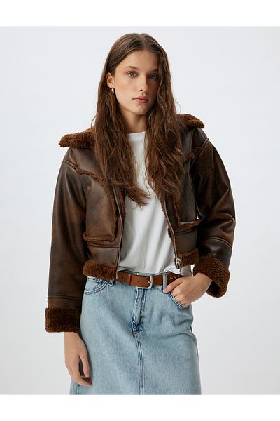 Koton Faux Leather Biker Jacket - Fur Collar and Pocket
