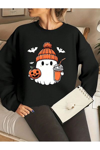 Pink Sky Halloween Ghost Printed Black Oversize Hooded Sweatshirt