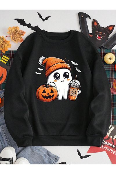 Pink Sky Halloween Ghost Front Printed Black Oversize Hooded Sweatshirt