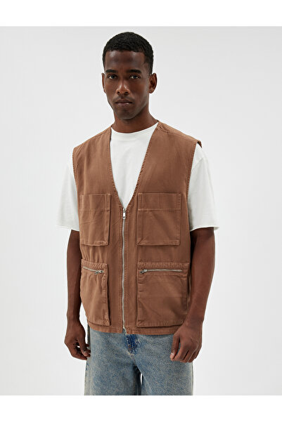 Koton Slim Fit Yelek V Yaka Cepli Fermuarlı Pamuklu