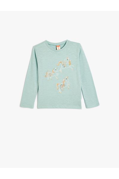 Koton Tricou cu mânecă lungă din bumbac brodat Unicorn - Decolteu