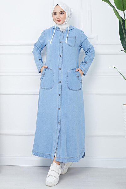 hafsamina قبعة بغطاء للرأس من قماش الدنيم باللون الأزرق الفاتح HM2344