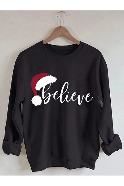 Pink Sky Christmas Believe Front Printed Black Oversize Hooded Sweatshirt6