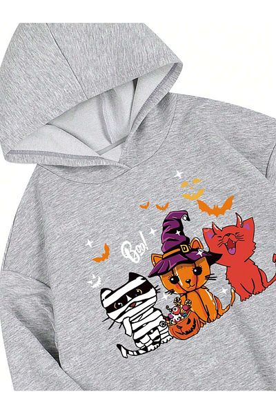 Pink Sky γάτες halloween μπροστινό εμπριμέ γκρι oversize φούτερ με κουκούλα με κουκούλα