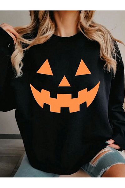 Pink Sky Halloween Smiling Face Printed Black Oversize Sweatshirt