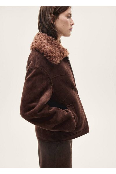MANGO Woman Μπουφάν με γούνινο γιακά Suede Look