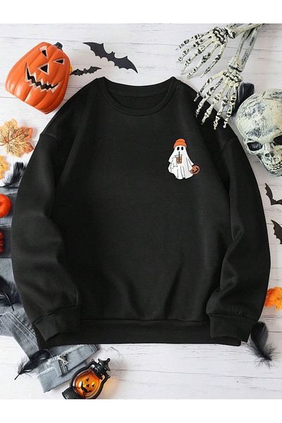 Pink Sky Halloween Ghost Printed Black Oversize Sweatshirt