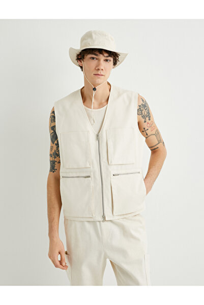 Koton Kanvas Yelek Kolsuz V Yaka Fermuarlı Kapaklı Cep Detaylı