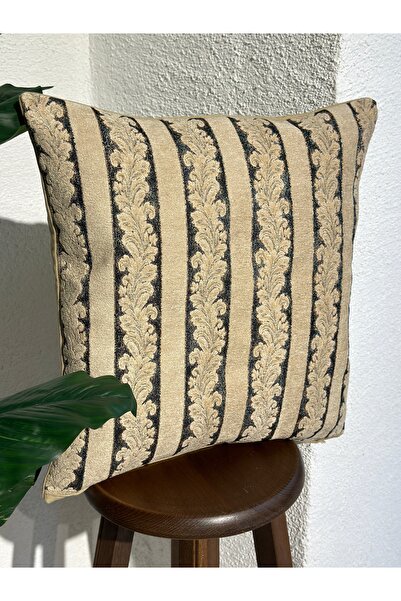 Decamor home نسيج بيج - غطاء وسادة بتفاصيل زرقاء داكنة نمط 3