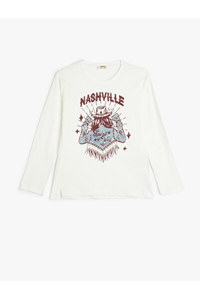 Koton Baumwoll-Langarm-T-Shirt – Rundhalsausschnitt und Druckdetail