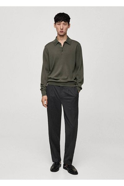 MANGO Man Tricou polo cu mânecă lungă din lână merinos 100%.