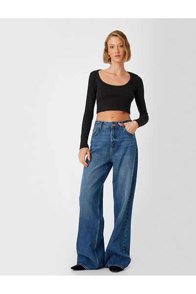 Koton Tricou crop cu mânecă lungă din bumbac slim fit - decolteu rotund adânc cu nervuri