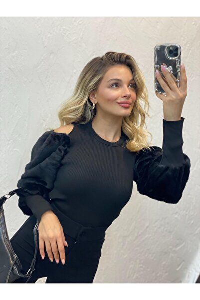 MELEK KOSTAK Kadın Siyah Tasarım Kolları Peluş Kürk Omuz Açık Dekolteli Triko...