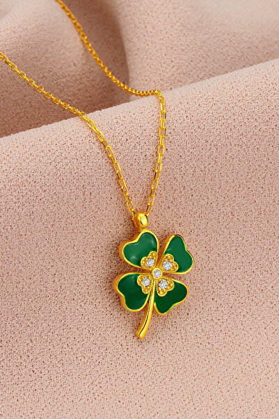 Bilsen Store 925 Ayar Gümüş Altın Kaplama Zümrüt Yeşili Mineli Yonca Kolye