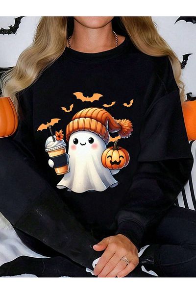 Pink Sky Halloween Ghost Front Printed Black Oversize Hoodie Sweatshirt6