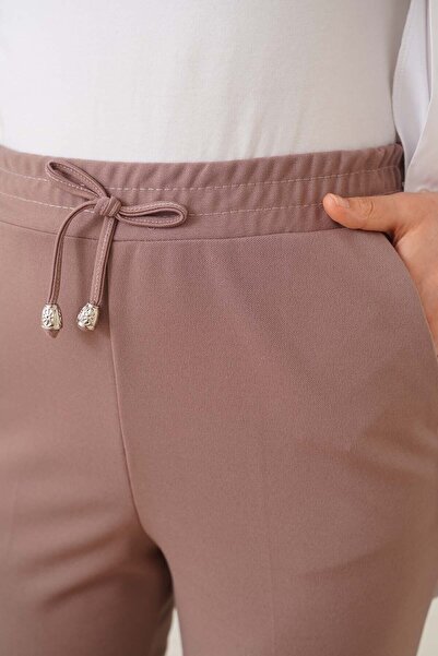 asilmoda Pantaloni bej-gri cu picior subțire, cu detaliu de frânghie și talie elastică