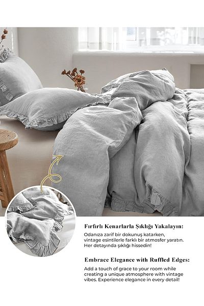 Evlen Home Collection Double Gray Cotton Ruffle Soft Duvet Cover Set - 4 Pieces Barella