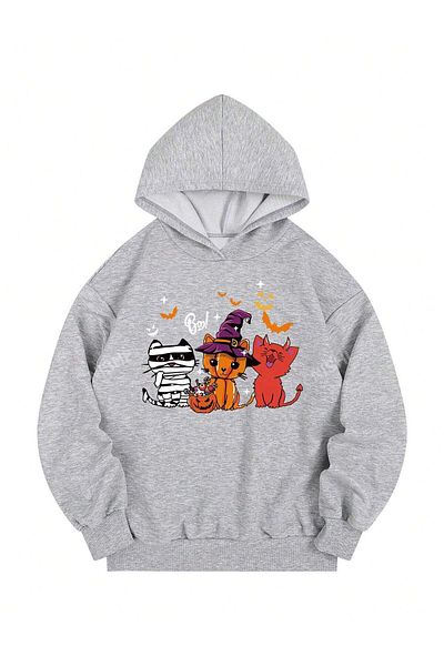 Pink Sky γάτες halloween μπροστινό εμπριμέ γκρι oversize φούτερ με κουκούλα με κουκούλα