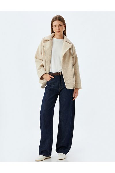 Koton Plush Short Coat Jacket Collar Zipper Pocket