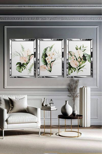 avm19 Pictură cu flori verzi cu cadru din plexiglas 3 buc