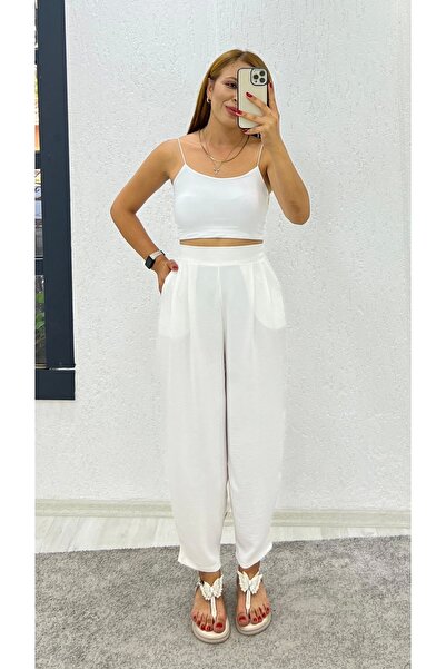İrka Moda Ayrobin Kumaş Balon Pantolon Beyaz