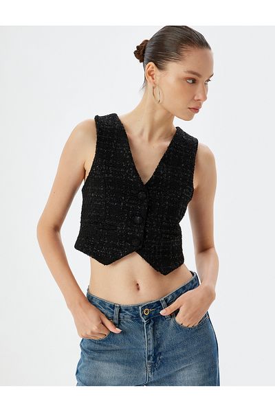 Koton Tweed Crop Vest - Sleeveless, Buttoned, V-Neck, Slim Fit