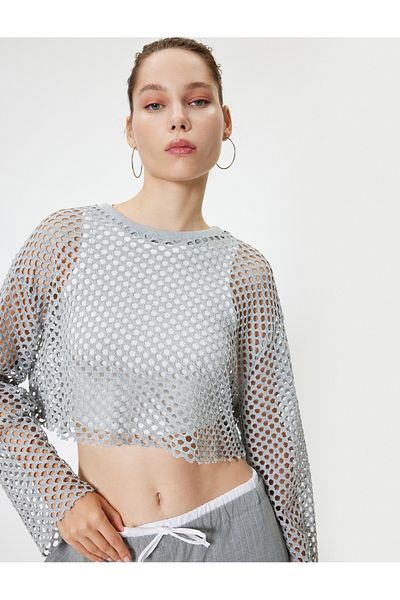 Koton Openwork Crop T-Shirt Long Sleeve Crew Neck Comfortable Fit