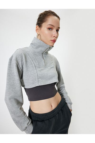 Koton Stand Collar Long Sleeve Oversize Crop Sweatshirt - Half Zipper