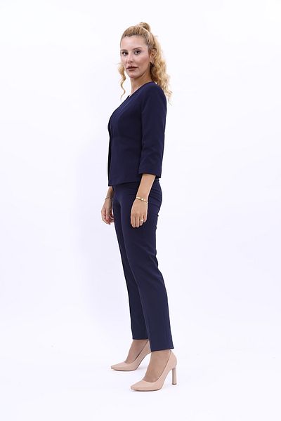 ÖNDER ÖZSOY Oval Collar Short Jacket & Tube Leg Trousers Set-Navy Blue