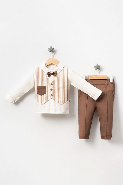 TRENDİMİZBİR Brown Striped Vest and Printed Suit Set for Baby Boy