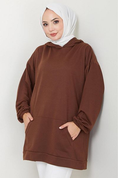 hafsamina Brown Hooded Sweatshirt Tunic - Kangaroo Pocket, Hm2510