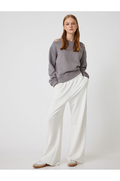 Koton Raster Oversize Sweatshirt Asymmetrical Neck Window Detail Long Sleeve Ribbed