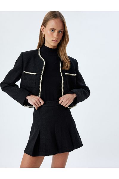 Koton Crop Tweed Μπουφάν με αντίθεση χρώματος Στρογγυλή τσέπη με λαιμόκοψη