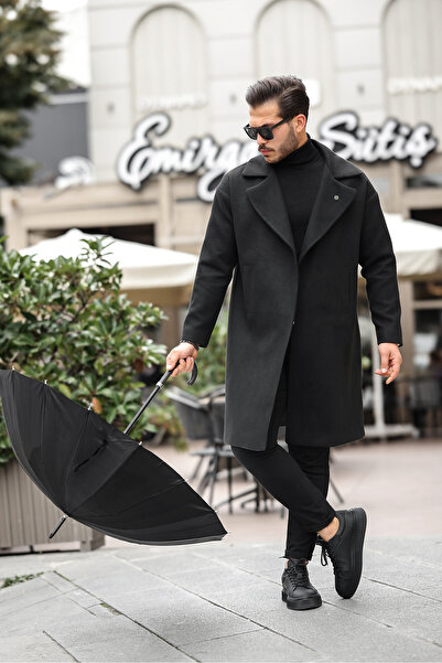 MerStore Yeni Sezon Erkek Siyah Oversize Uzun  Kaşe Kaban