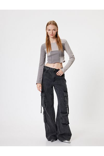 Koton Color Block Ribbed Slim Fit Crop T-Shirt - Long Sleeve Camisole