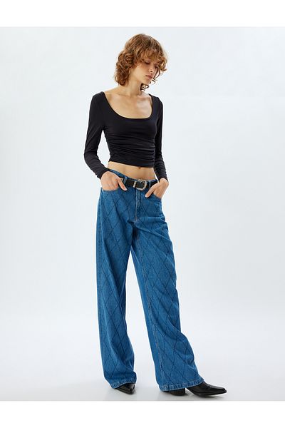 Koton Jeans mit weitem Bein und Schmucksteinen sowie geknöpften Taschen (Standardtaille) - Weites Bein