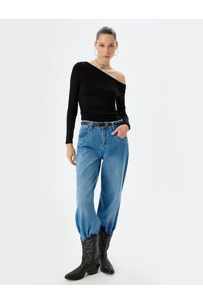 Koton Asymmetric Collar and Draped Viscose Slim Fit Long Sleeve T-shirt