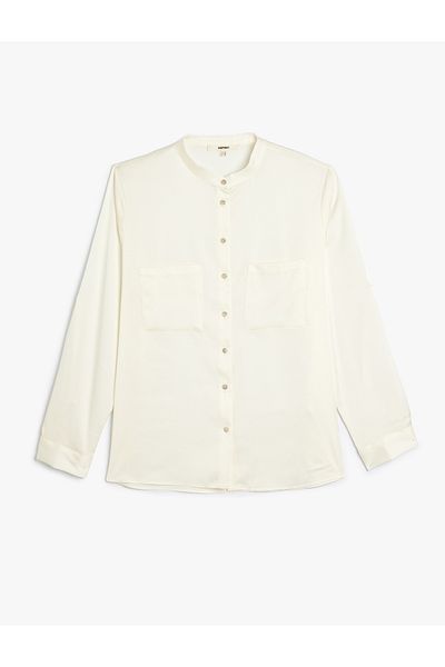 Koton Long Sleeve Satin Shirt - Collarless, Applique Pocket Detail