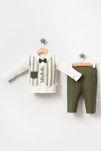 TRENDİMİZBİR Green Striped Vest and Printed Suit Set for Baby Boy