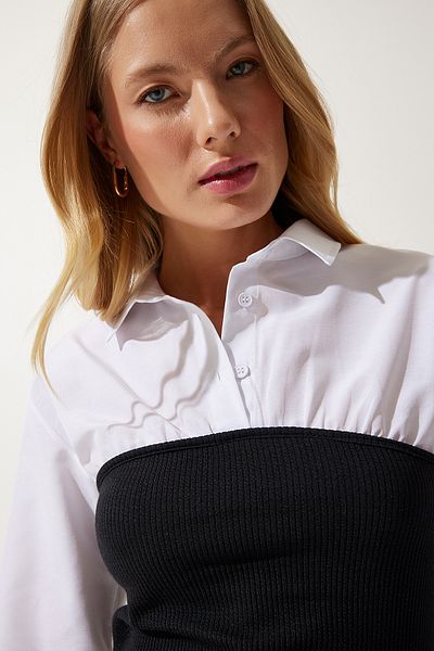 Lovelyİstanbul Polo Neck Color Blocked Shirt Blouse White Black Lan0005