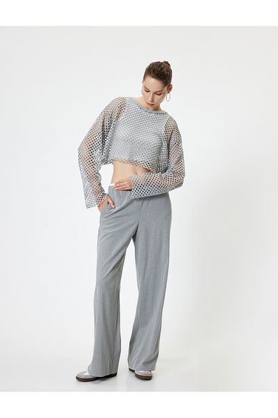 Koton Openwork Crop T-Shirt Long Sleeve Crew Neck Comfortable Fit