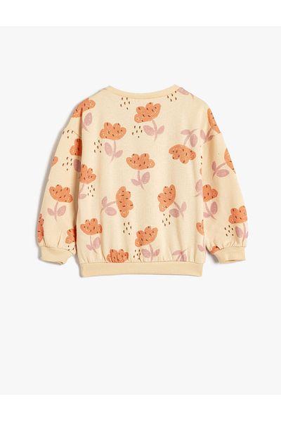 Koton Crew Neck Cotton Ribbed Floral Long Sleeve Sweatshirt