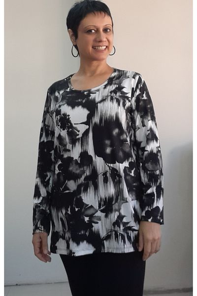Mertcan Butik Black and White Rose Print Long-Sleeved Combed Cotton Viscose T-Shirt