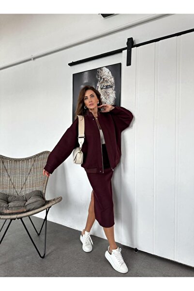 Zerrincan Giyim Stamp Claret Red Jacket and Skirt Set