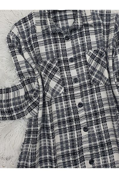 Modamorfo Langes, geknöpftes Tweed-Hemd mit zwei Taschen – Ecru